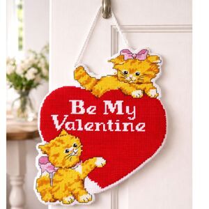 Handcrafted Plastic Canvas Kitten Wall Hanging Be My Valentine Door Decor 17x12"